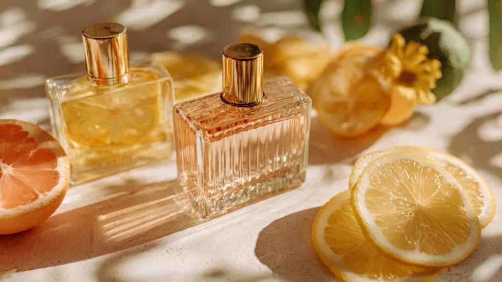 a premium flat lay image of citrus inspired perfume min